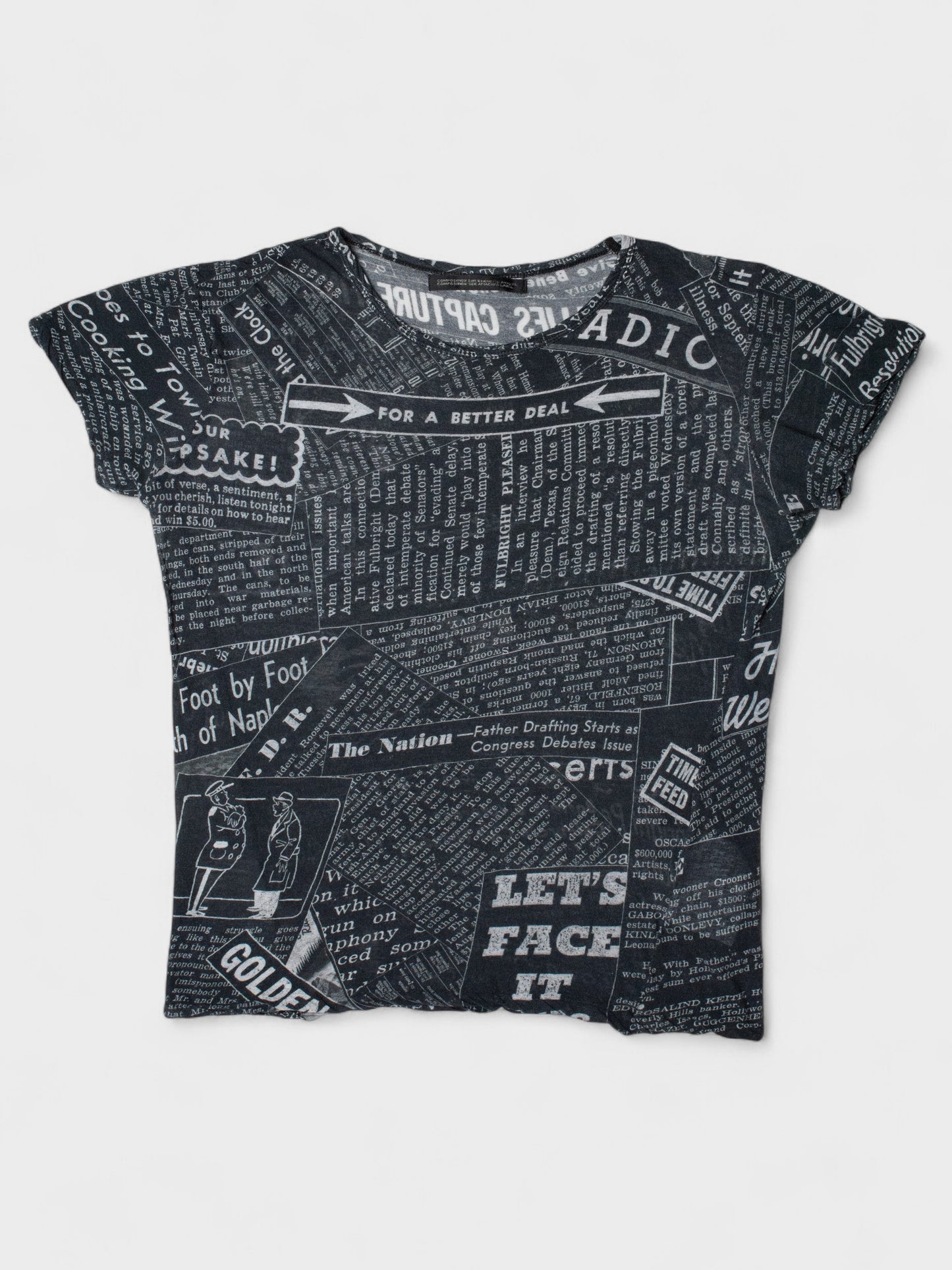 Y's by Yohji Yamamoto - S/S 2005 - St. Louis Globe Democrat print sheer t-shirt - women's size 3