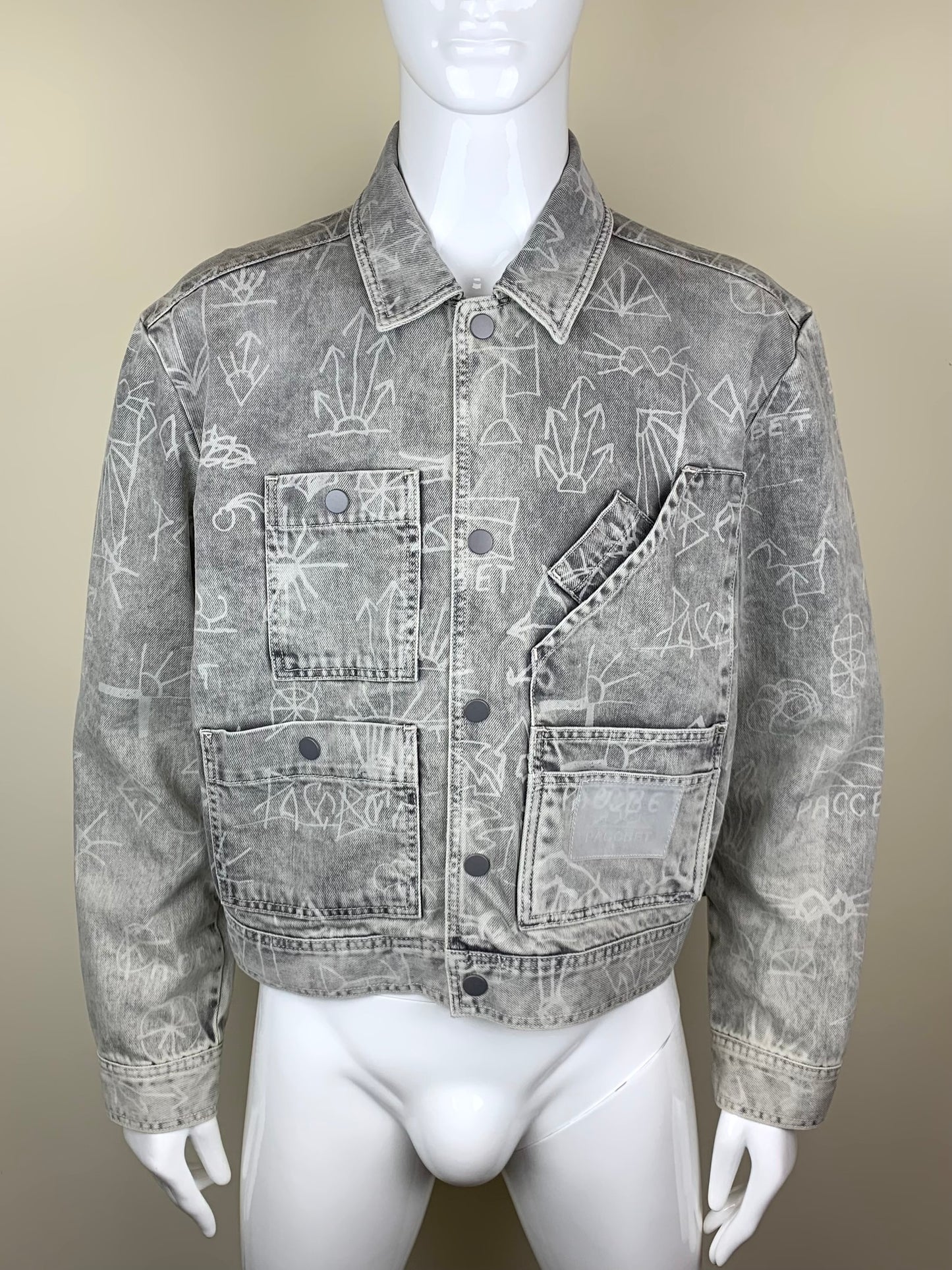 PACCBET - Rassvet 5 (2019) - scribble print work denim jacket (grey) - size S
