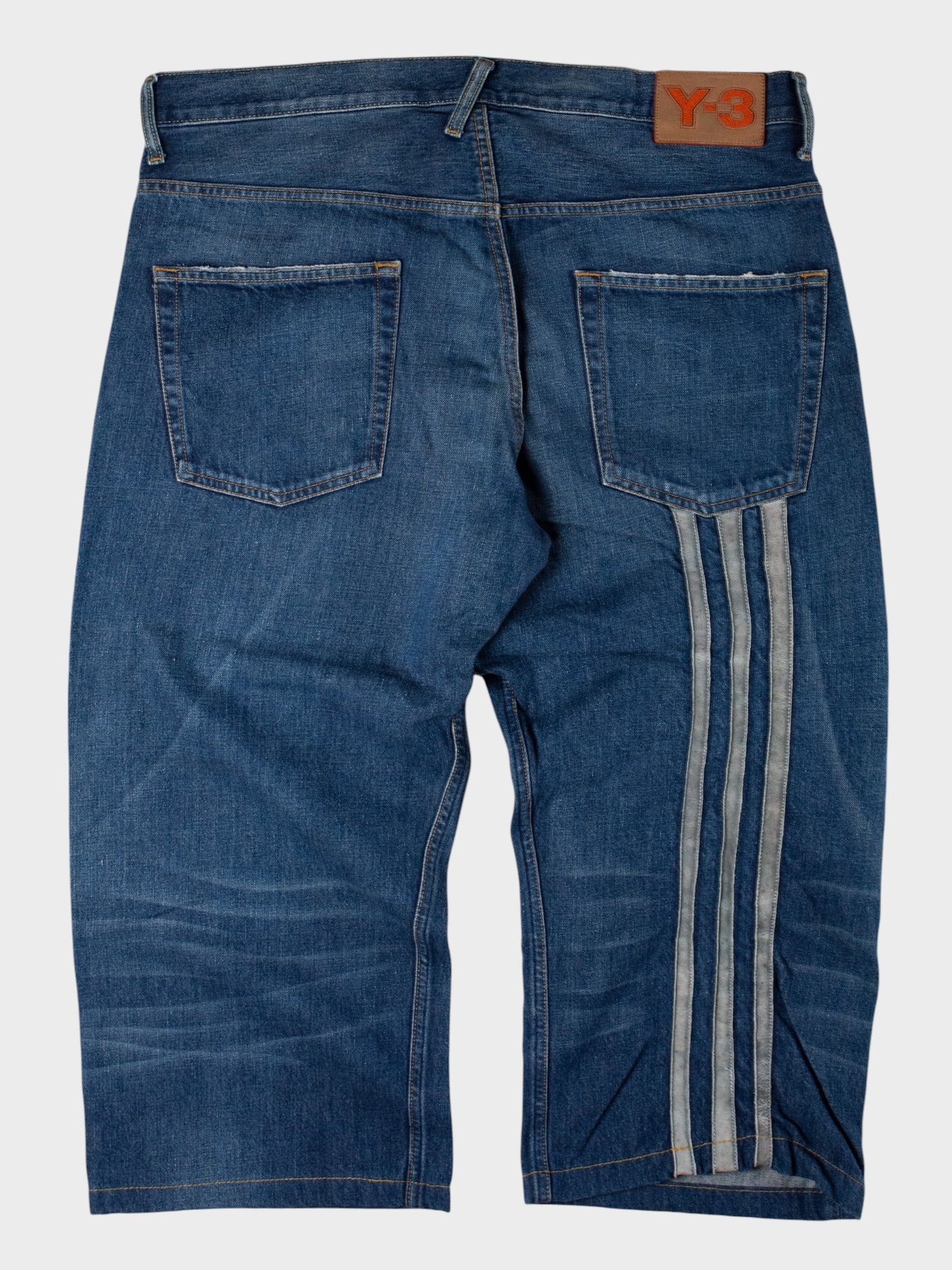 Y-3 - A/W 2005 - leather stripes denim shorts - size 38 (XL)