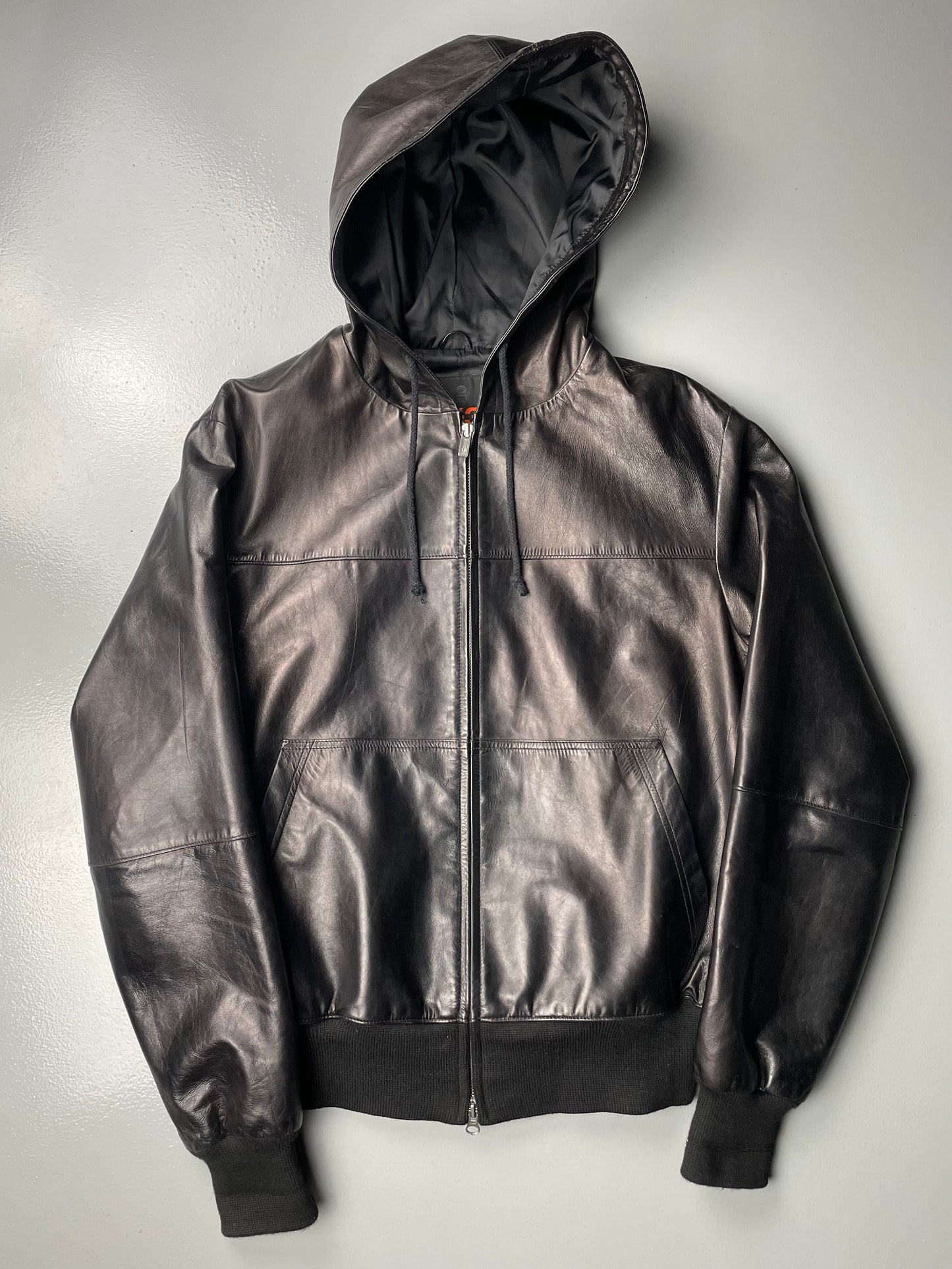 Y-3 A/W 2005 men's hooded leather bomber jacket - size M