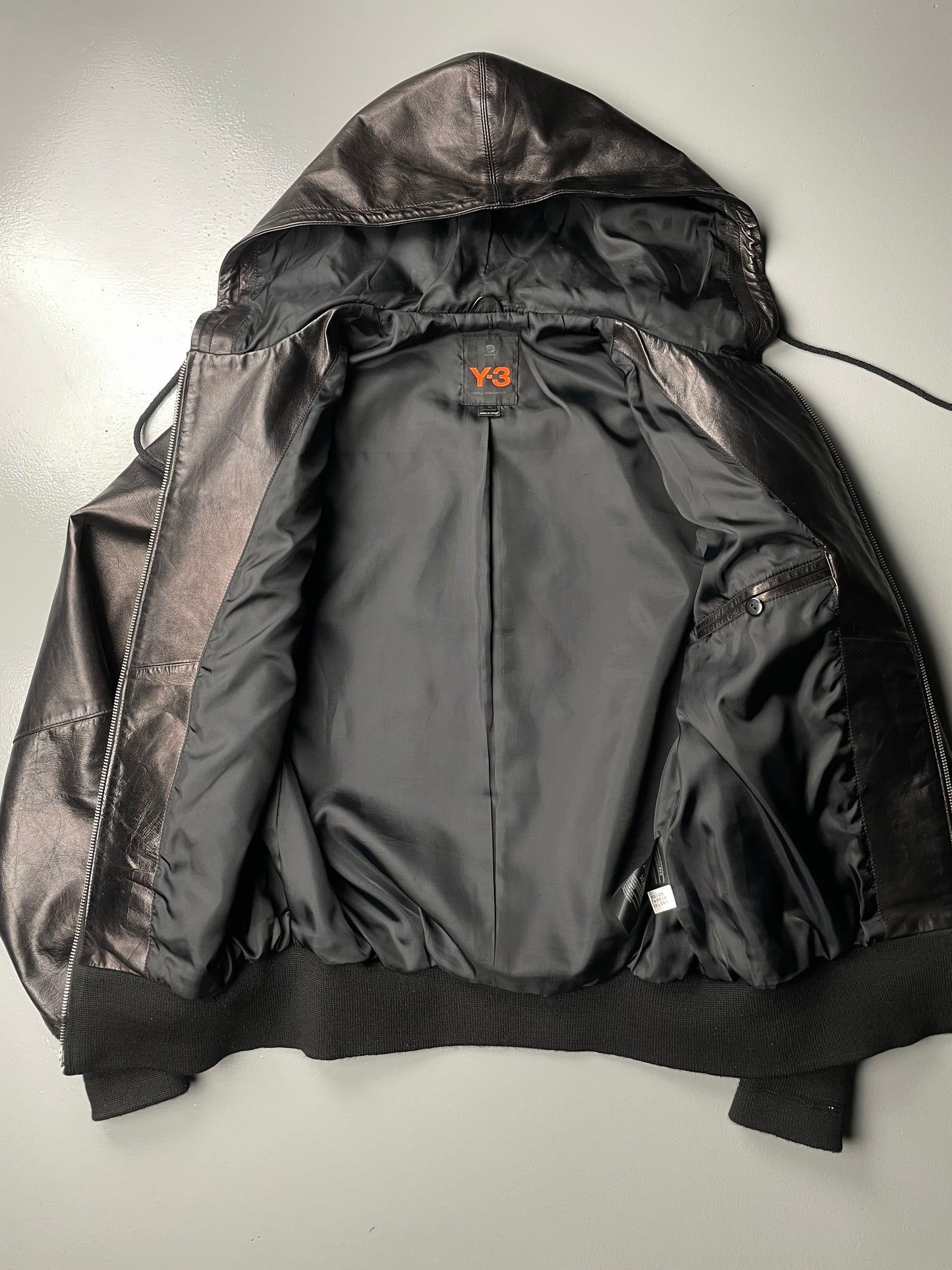 Y-3 A/W 2005 men's hooded leather bomber jacket - size M