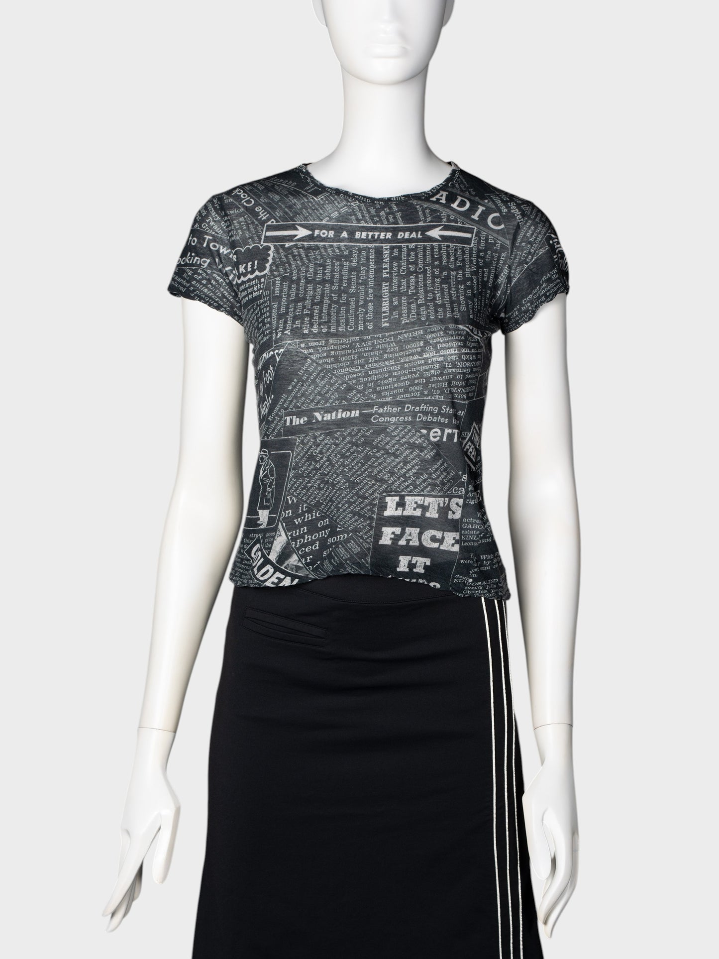 Y's by Yohji Yamamoto - S/S 2005 - St. Louis Globe Democrat print sheer t-shirt - women's size 3
