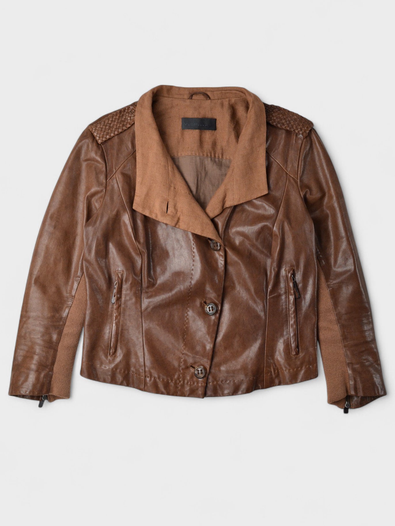 Very Special Pieces of Vespucci - leather jacket with woven detail - women's size 40