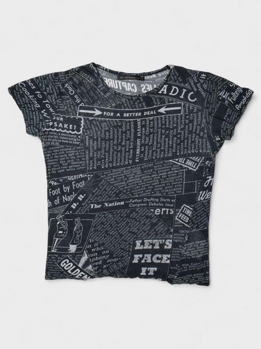 Y's by Yohji Yamamoto - S/S 2005 - St. Louis Globe Democrat print sheer t-shirt - women's size 3