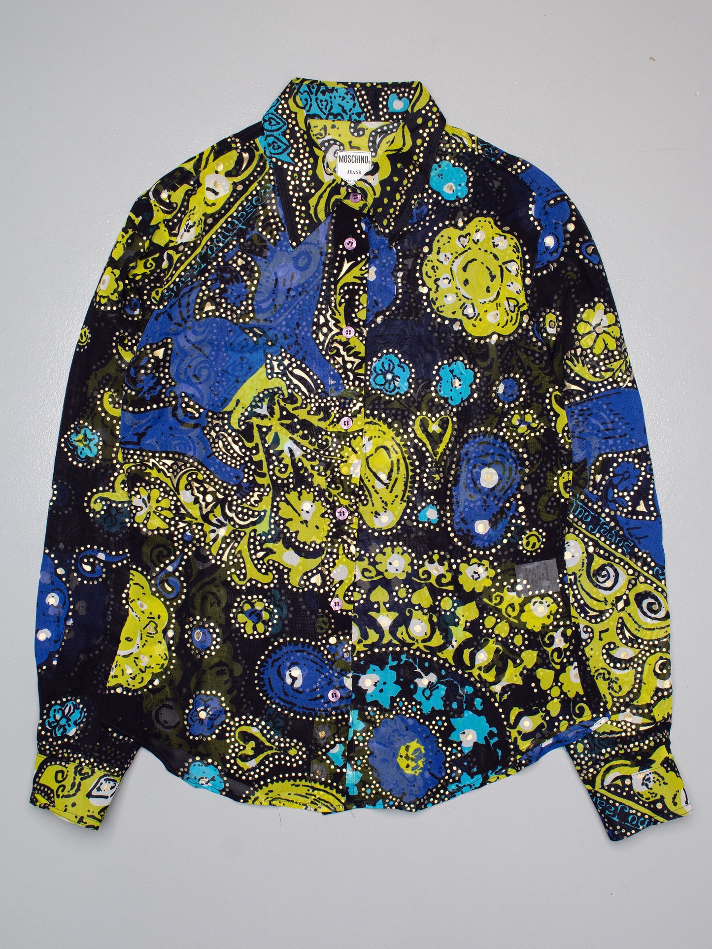 vintage Moschino Jeans sheer shirt with gold print - women's size 44IT