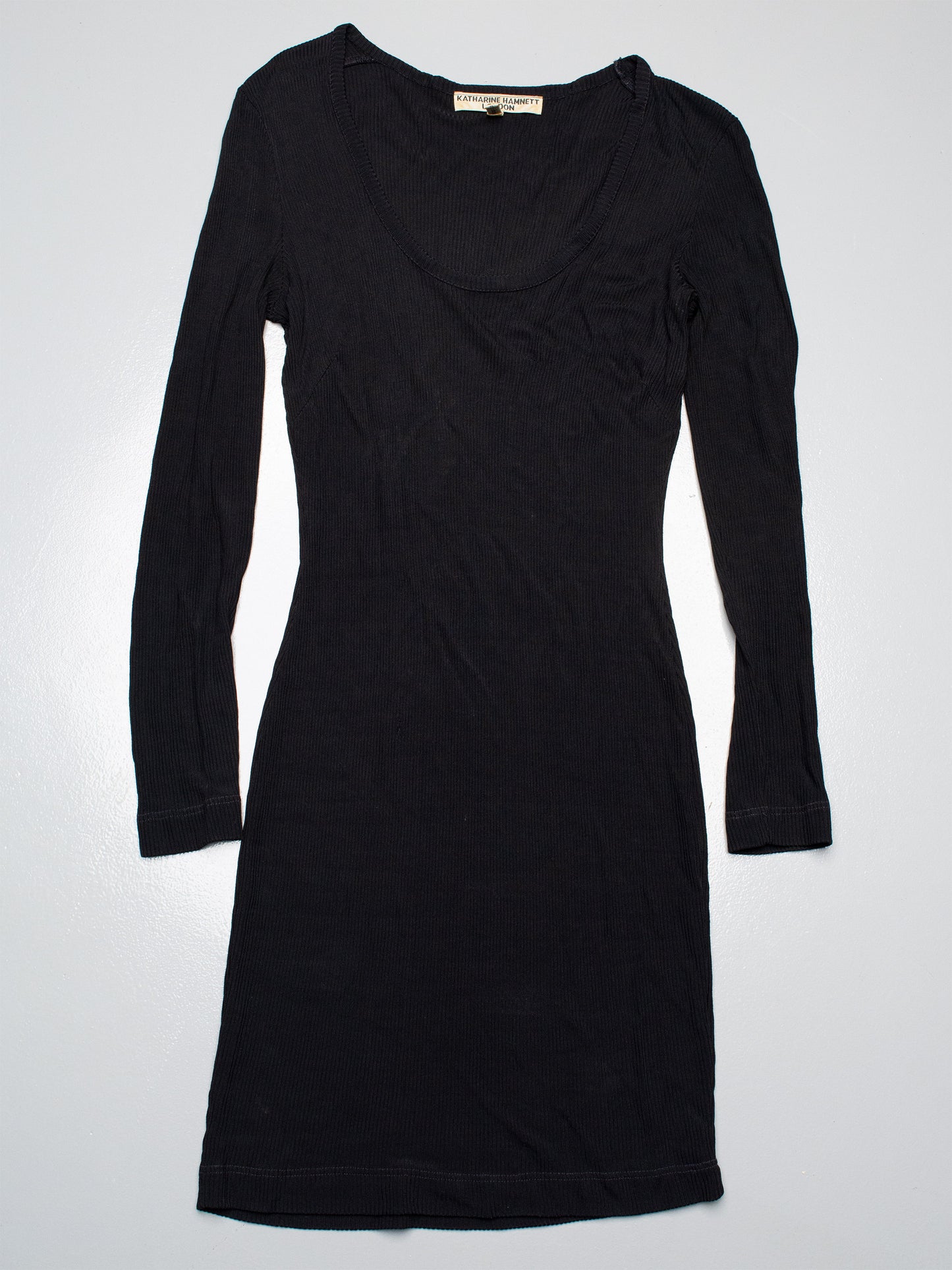 1993 Katharine Hamnett London sheer ribbed long-sleeve bodycon mini dress - size L