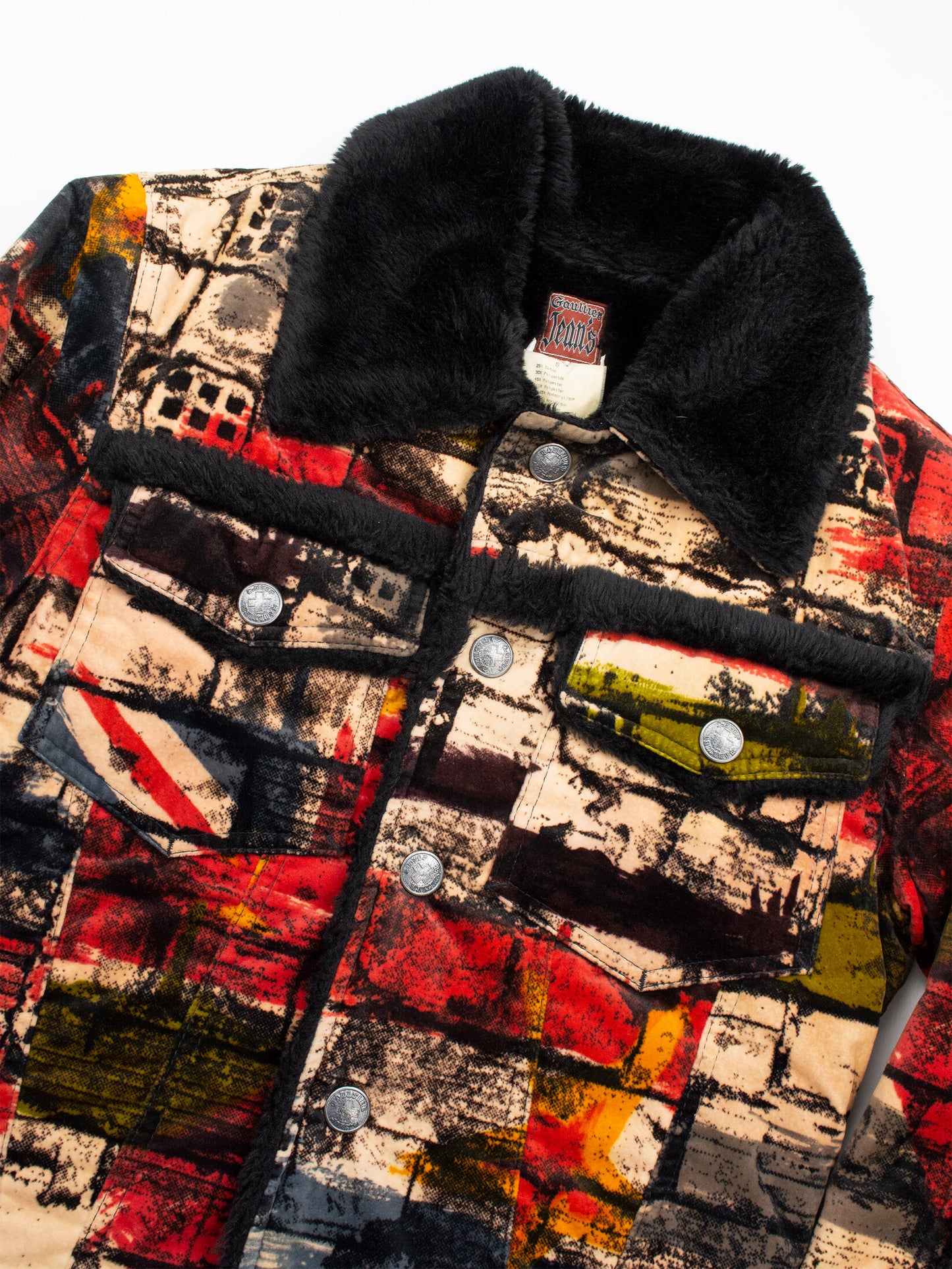 Gaultier Jean's - A/W 1997 - "Fight Racism" bricks print velvet sherpa trucker jacket - women's size S