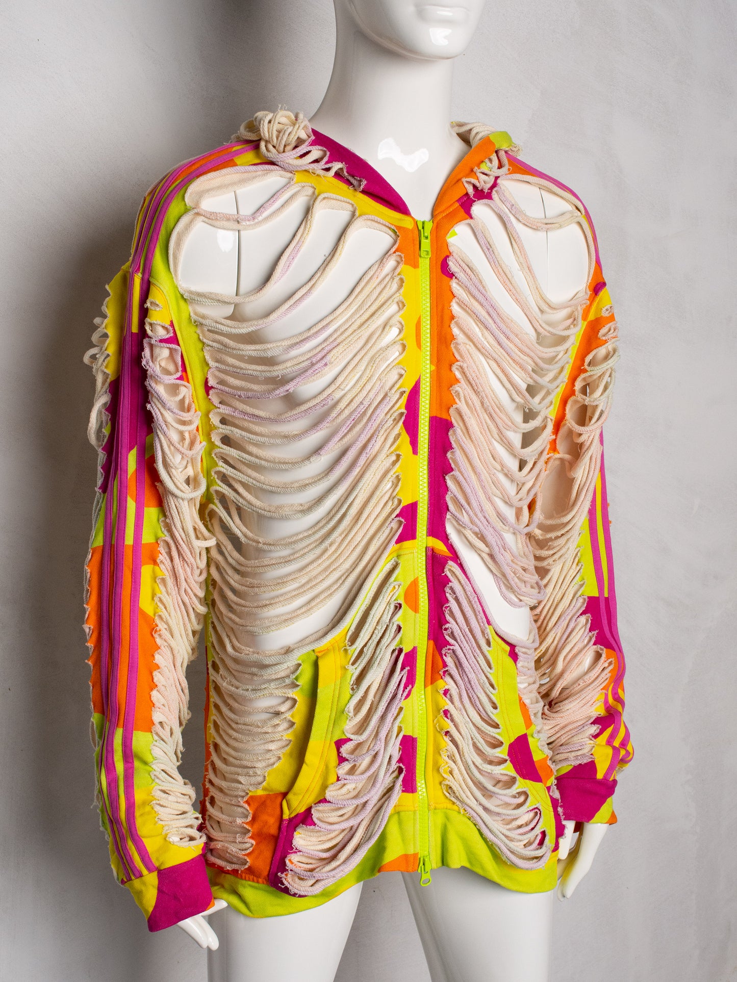 adidas Originals by Jeremy Scott - A/W 2013 - neon camo slashed zip-up hoodie - size L
