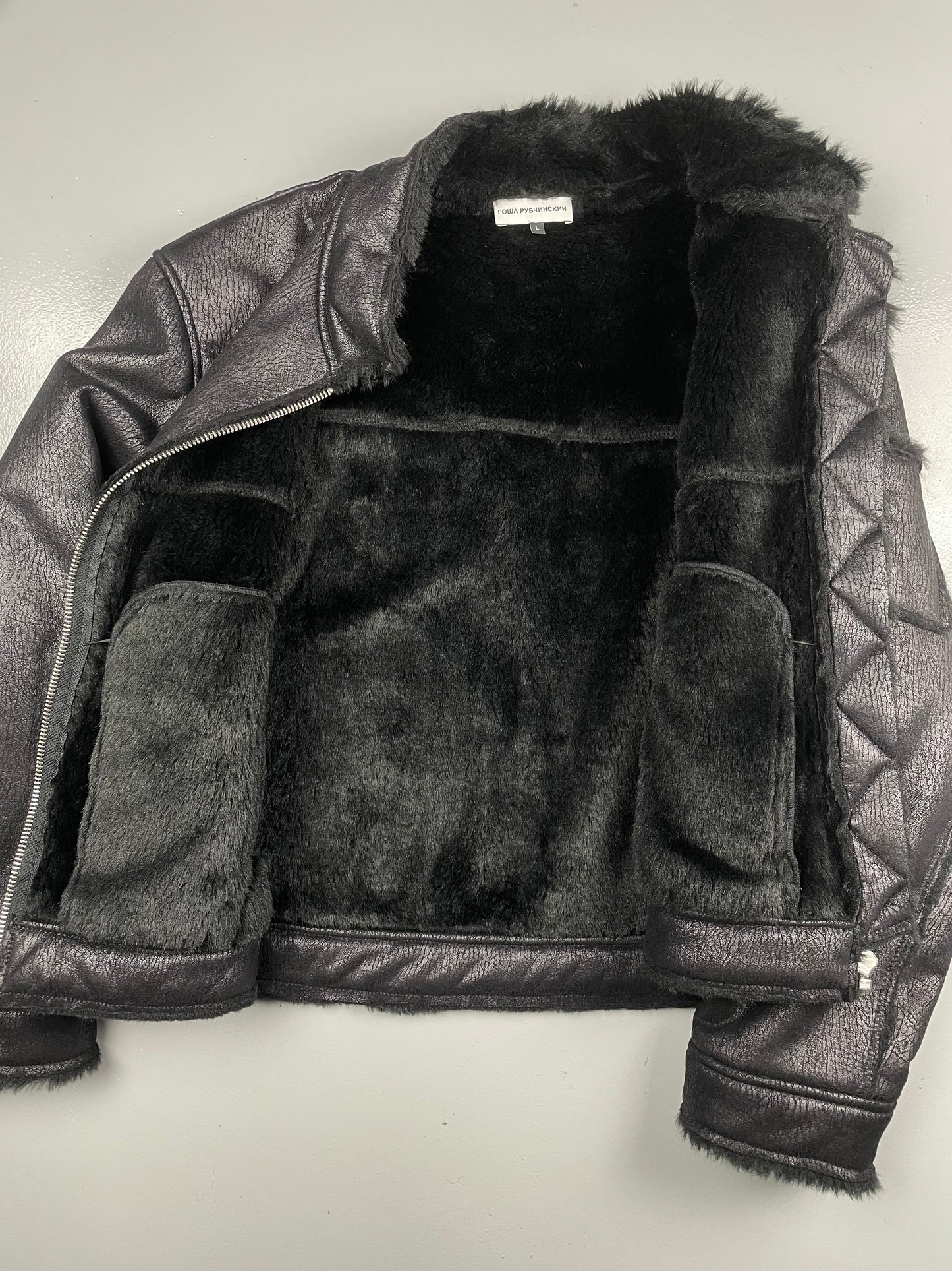 Gosha Rubchinskiy A/W 2016 faux leather shearling jacket (black) - size L