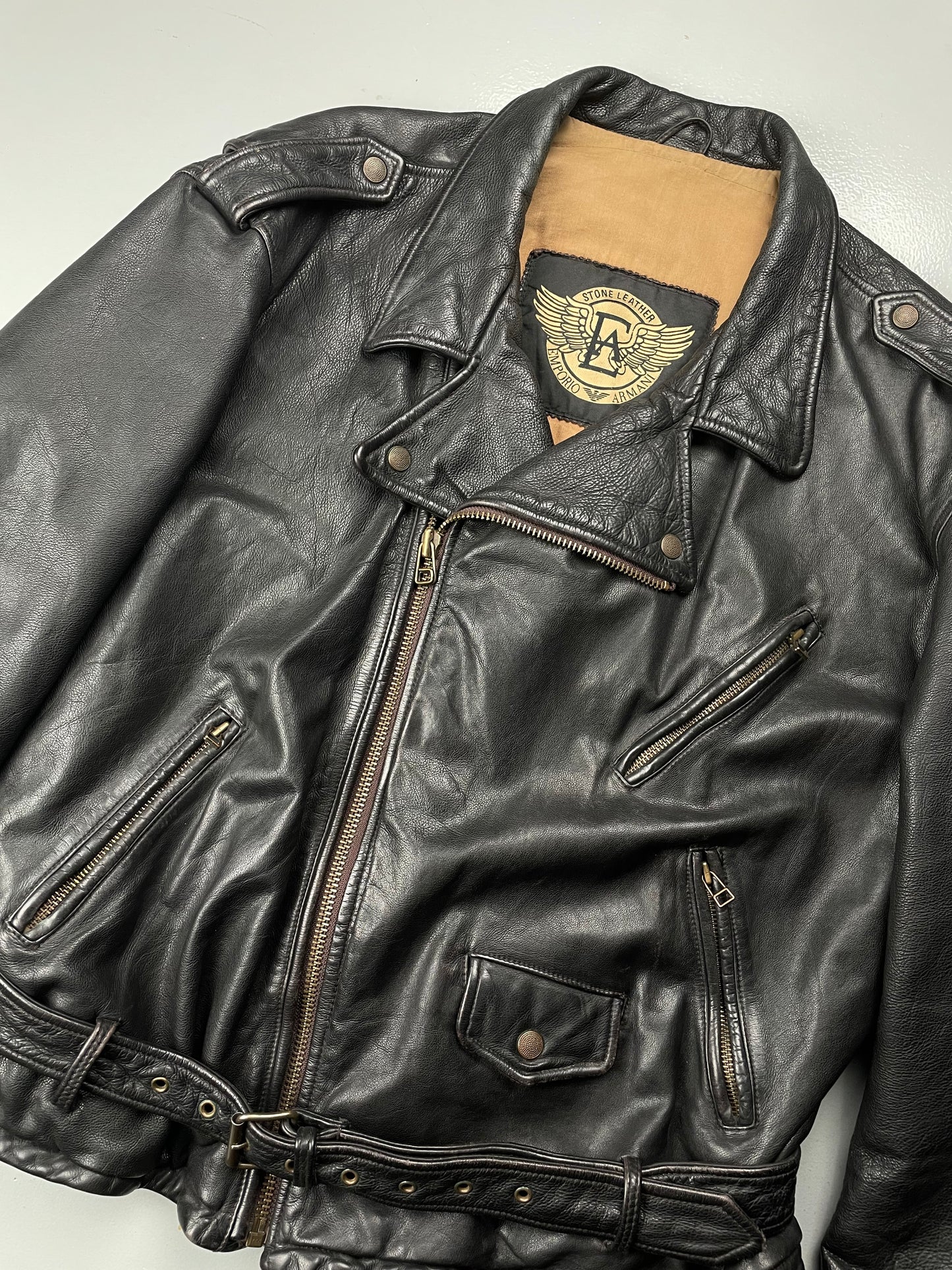 1990's Emporio Armani biker Stone Leather jacket - size 52