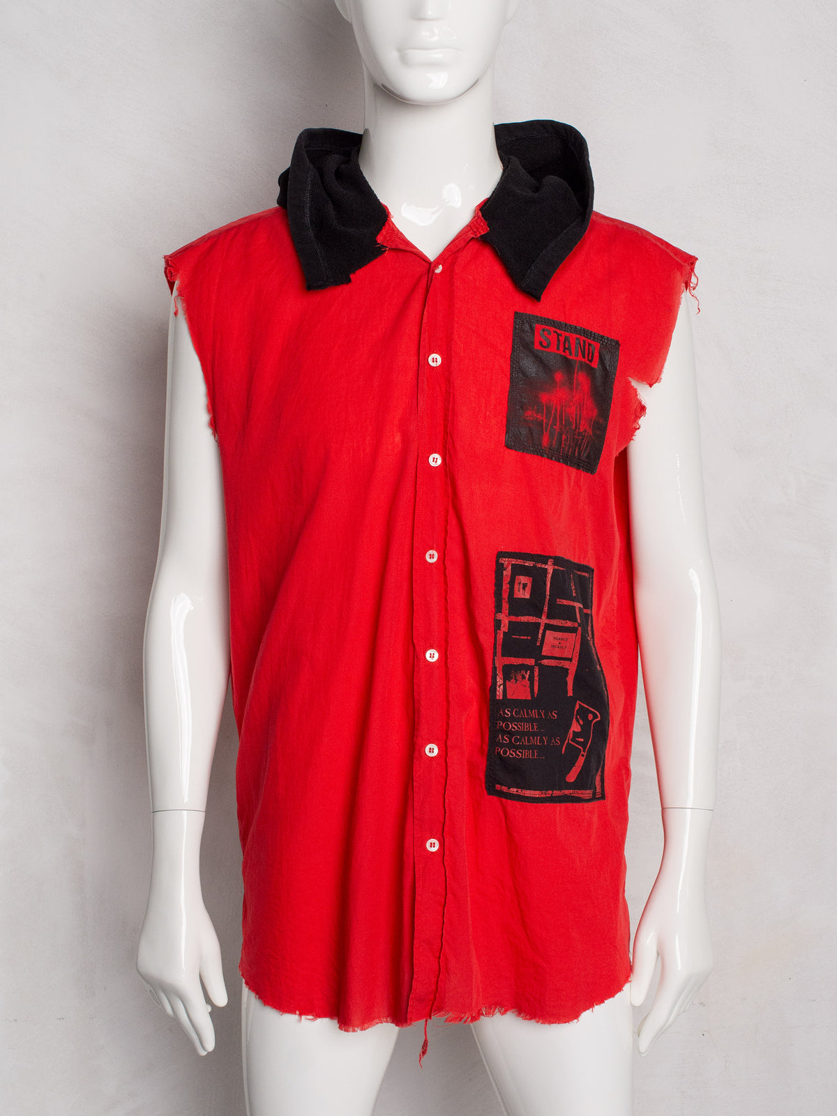 Raf Simons - S/S 2002 - sleeveless hooded shirt with patches - size 50