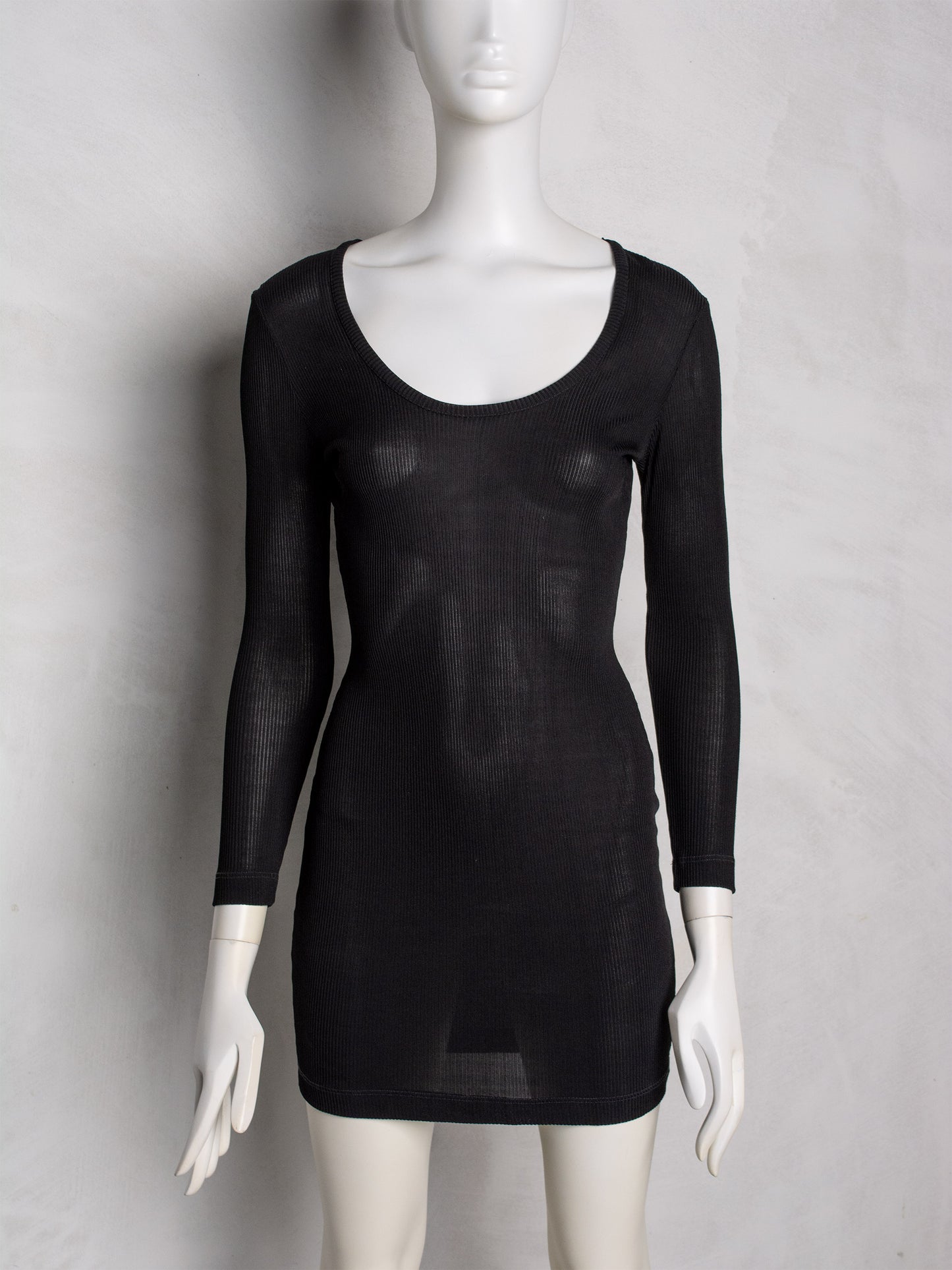 1993 Katharine Hamnett London sheer ribbed long-sleeve bodycon mini dress - size L