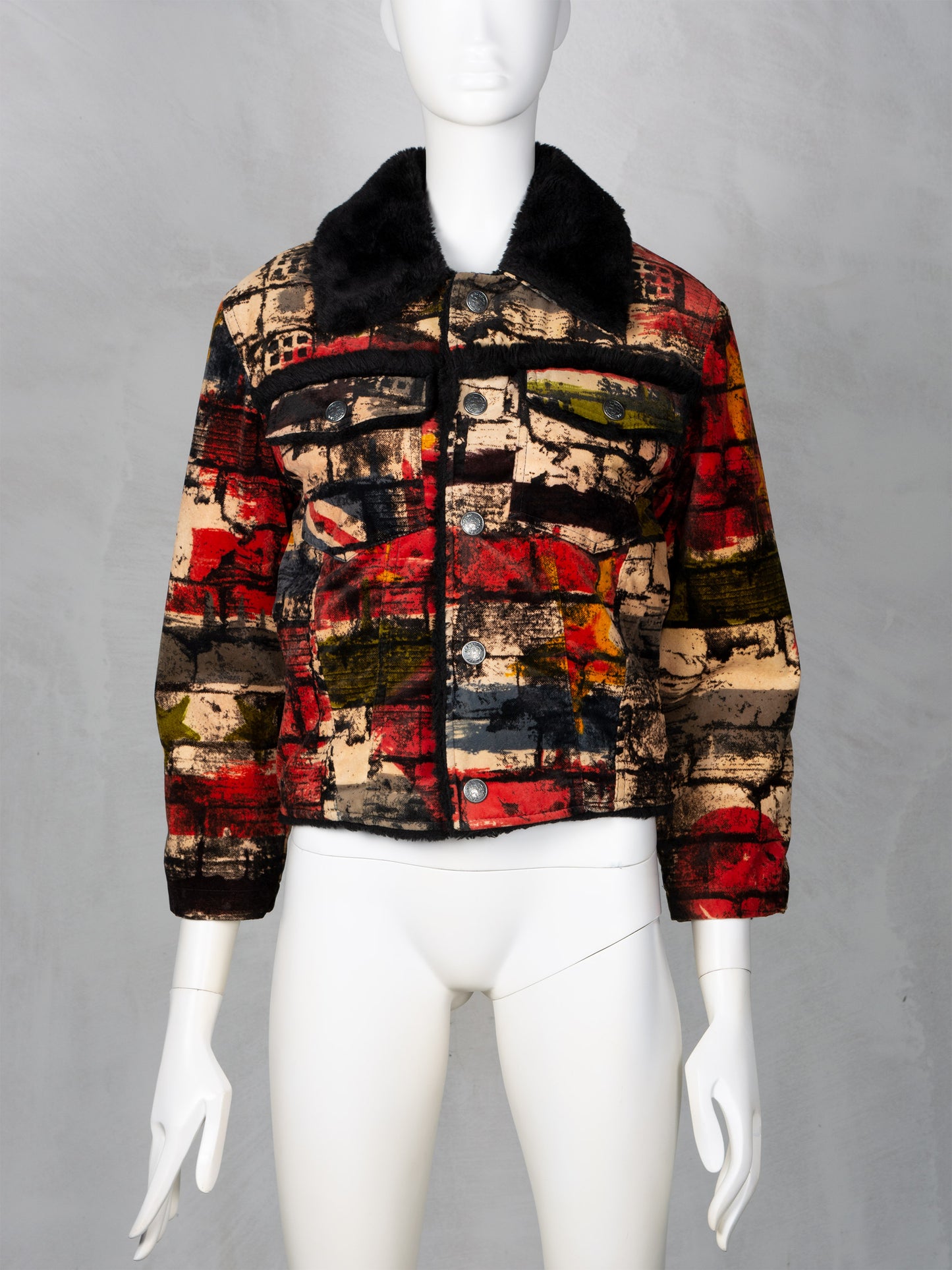 Gaultier Jean's - A/W 1997 - "Fight Racism" bricks print velvet sherpa trucker jacket - women's size S