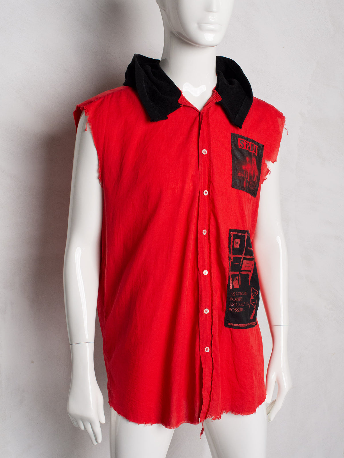 Raf Simons - S/S 2002 - sleeveless hooded shirt with patches - size 50