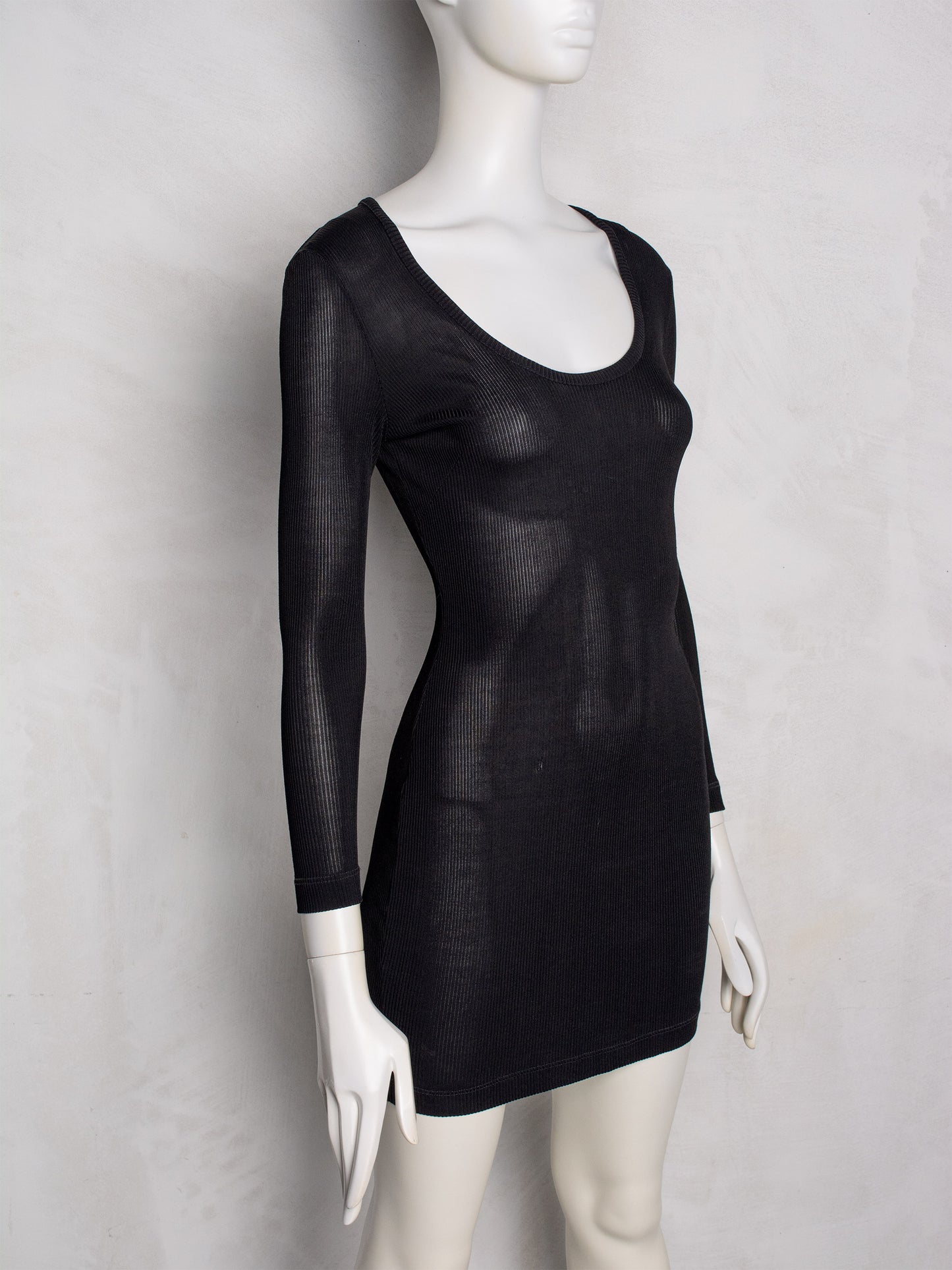 1993 Katharine Hamnett London sheer ribbed long-sleeve bodycon mini dress - size L