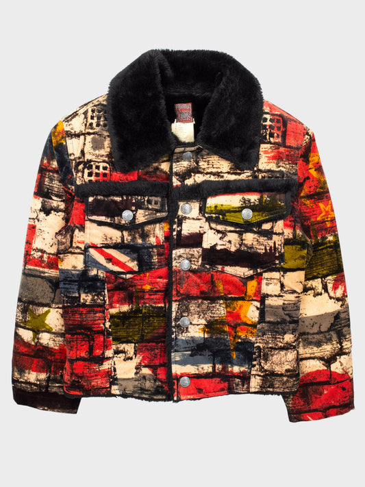 Gaultier Jean's - A/W 1997 - "Fight Racism" bricks print velvet sherpa trucker jacket - women's size S