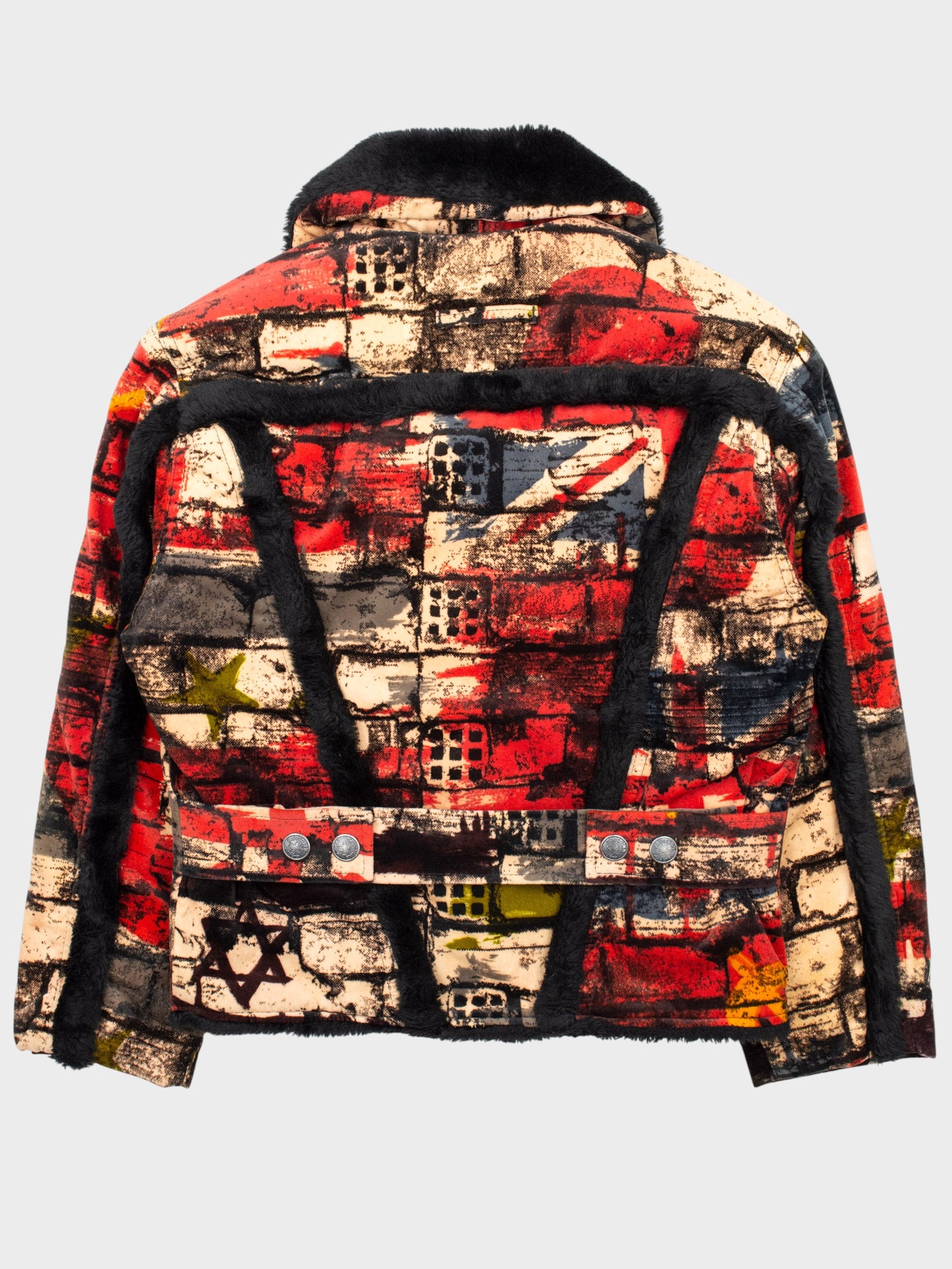 Gaultier Jean's - A/W 1997 - "Fight Racism" bricks print velvet sherpa trucker jacket - women's size S
