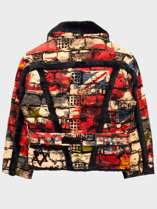 Gaultier Jean's - A/W 1997 - "Fight Racism" bricks print velvet sherpa trucker jacket - women's size S