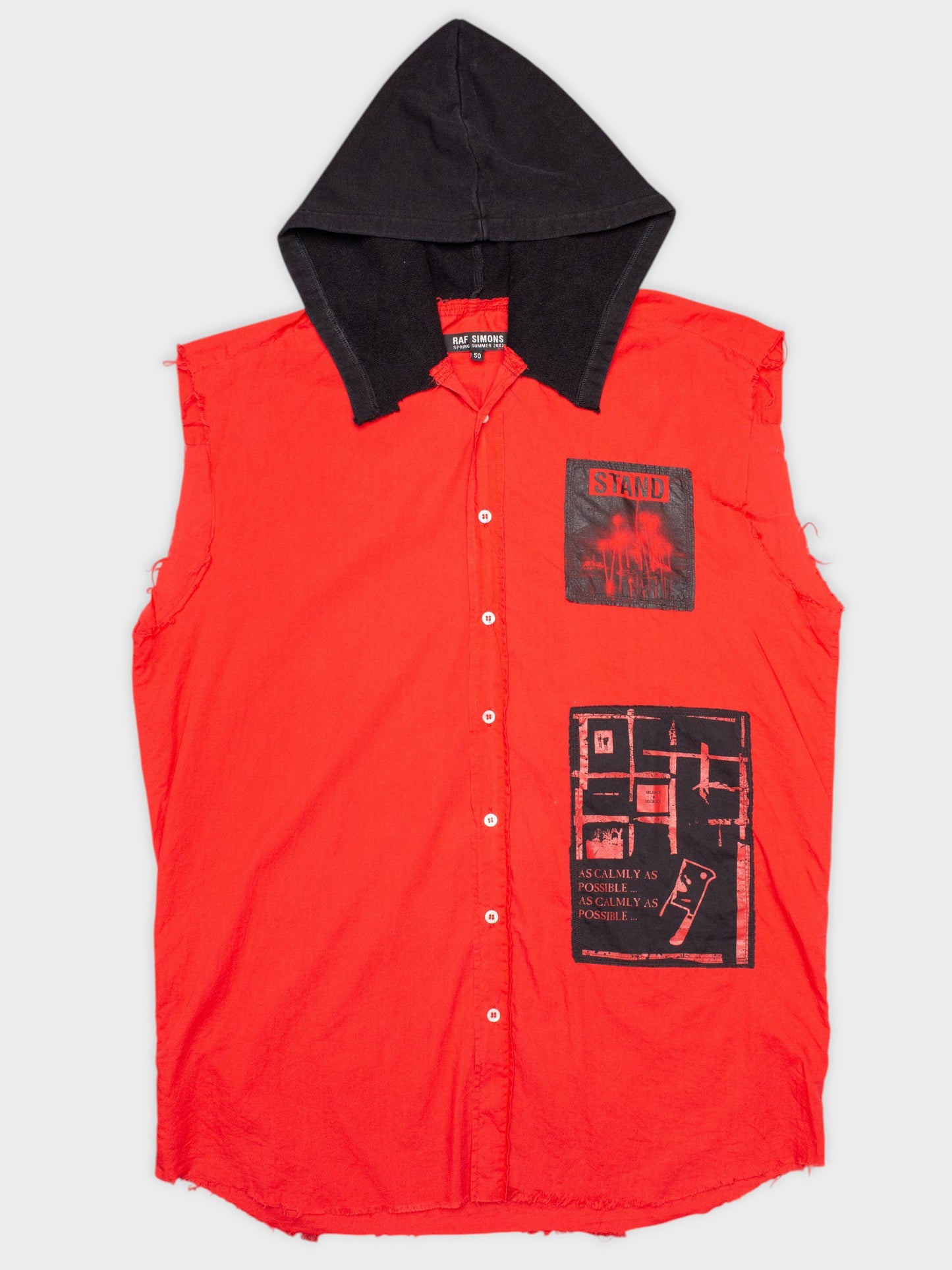 Raf Simons - S/S 2002 - sleeveless hooded shirt with patches - size 50
